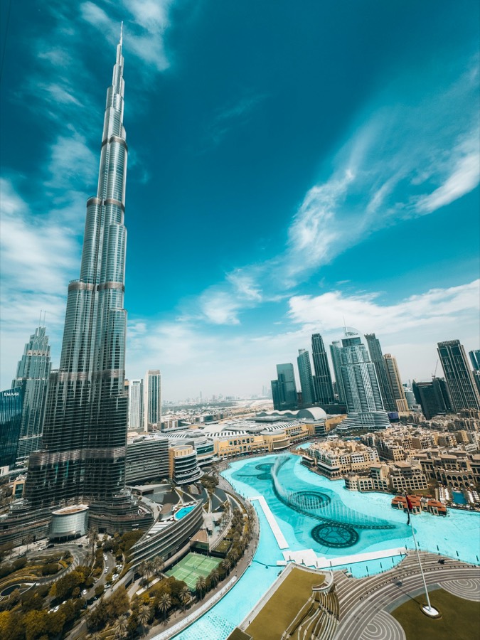 The Burj Khalifa rising above Downtown Dubai and the Dubai Fountain